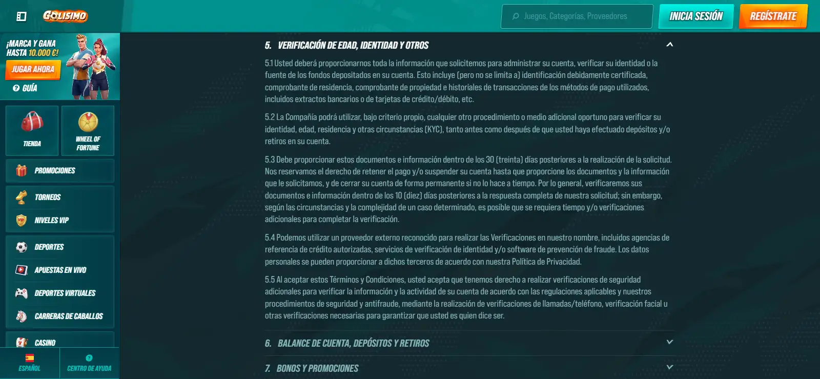 Apartado oficial de términos de Golisimo dedicado a la verificación KYC