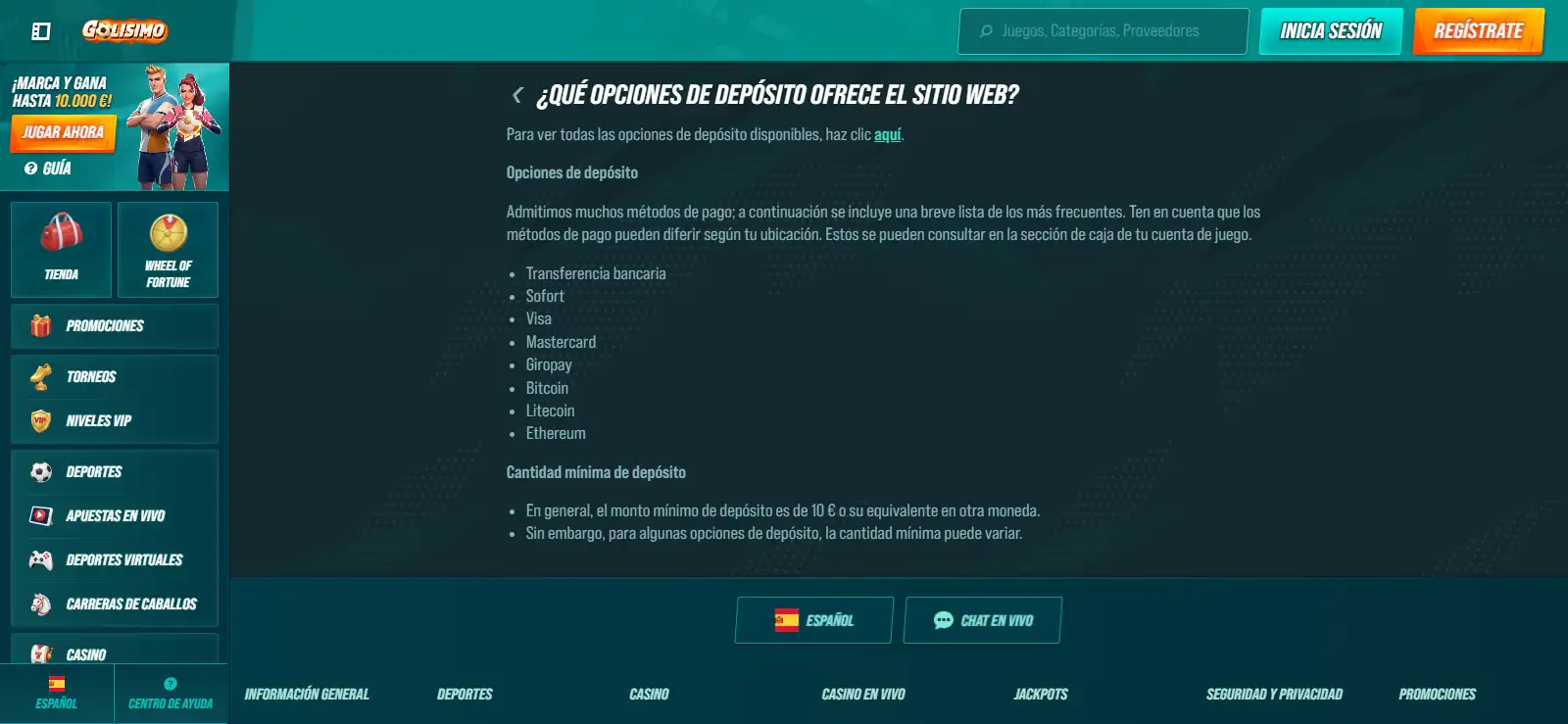 Cajero oficial de Golisimo con métodos de depósito disponibles en una sesión real