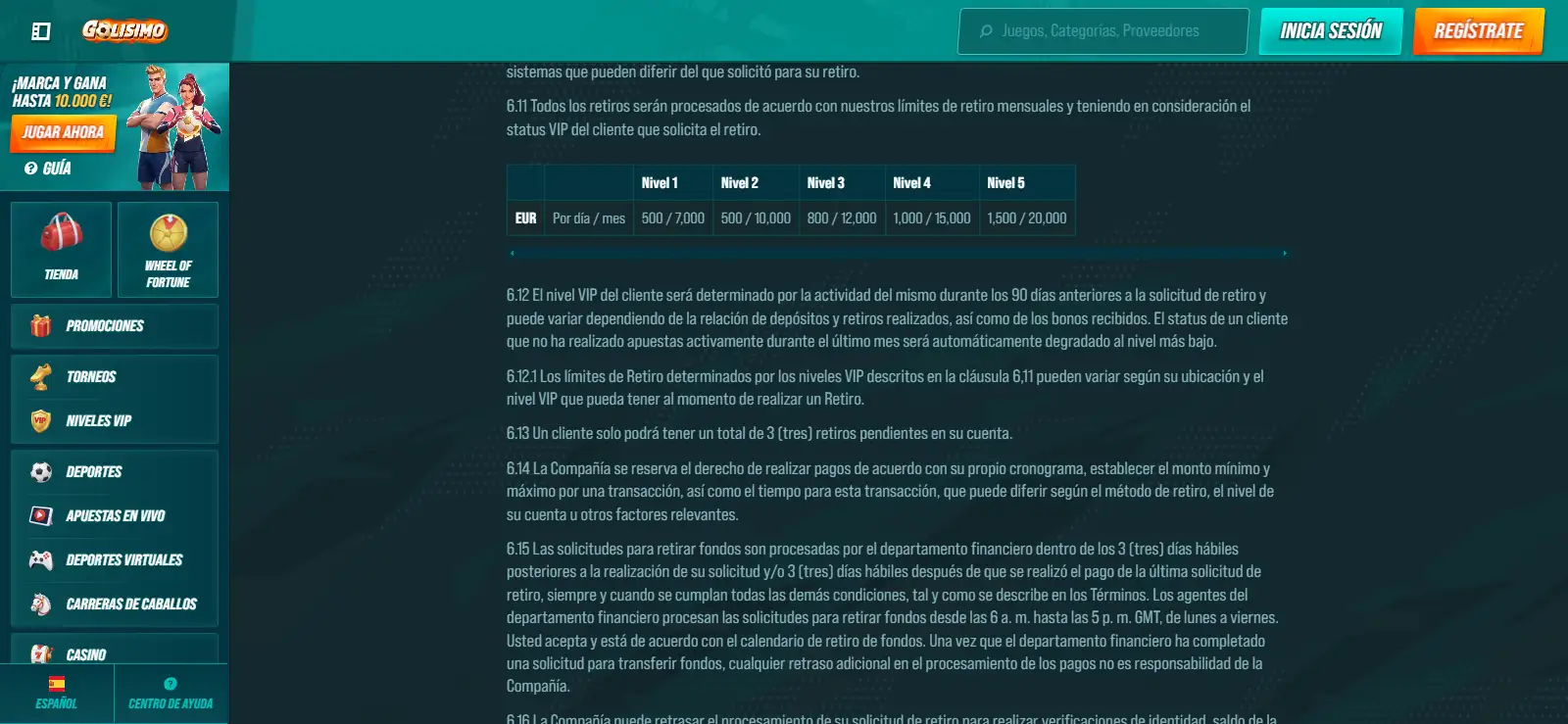Términos oficiales de Golisimo con las reglas de procesamiento de retiradas visibles