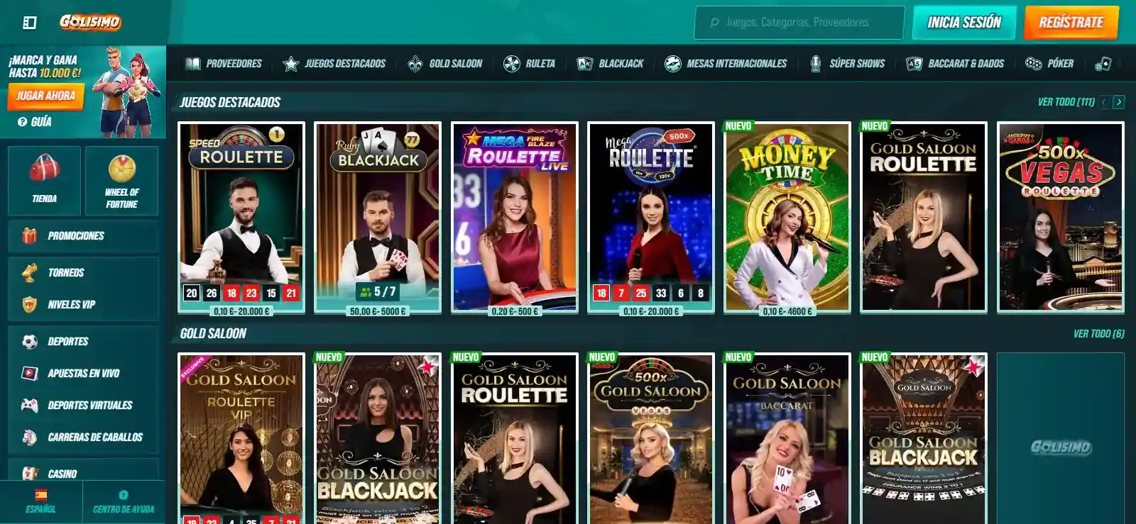 Lobby oficial del casino en vivo de Golisimo con varias categorías y mesas visibles
