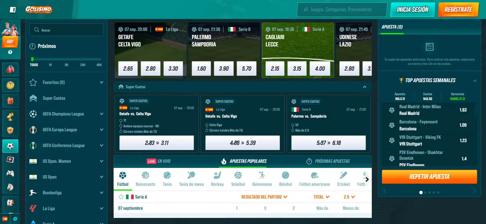 Sportsbook oficial de Golisimo con navegación de deportes y apuestas en vivo visible