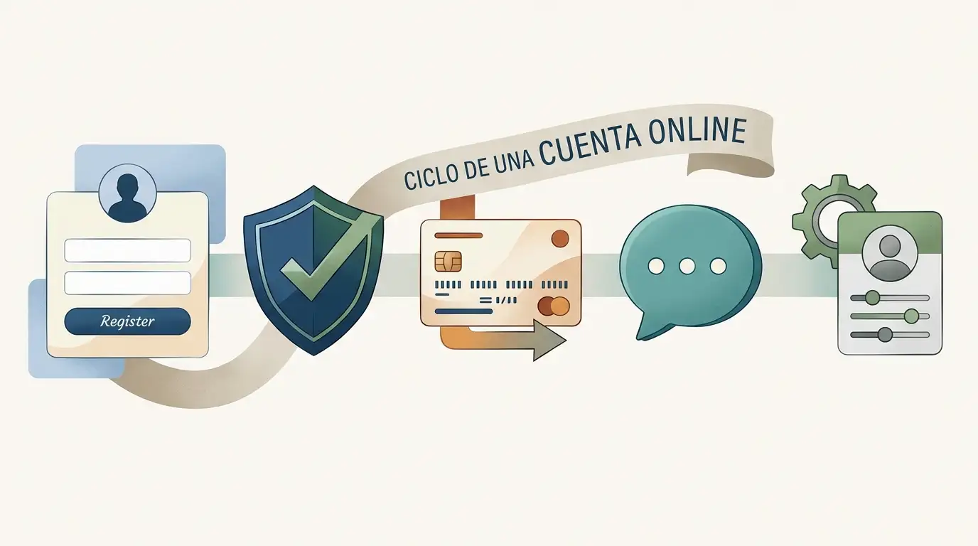 Ilustración del ciclo de una cuenta online desde el registro hasta la verificación y retirada