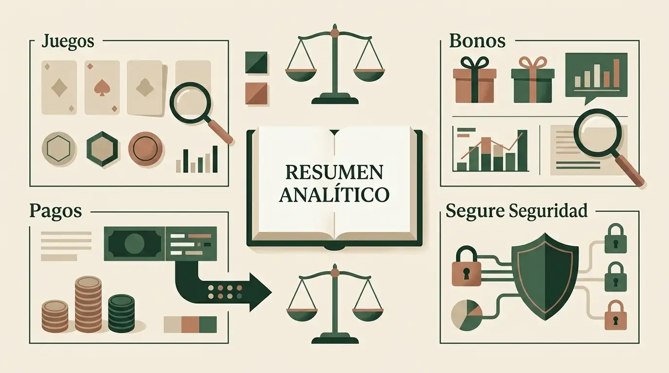 Ilustración editorial sobre evaluación de casino, bonos, pagos y seguridad