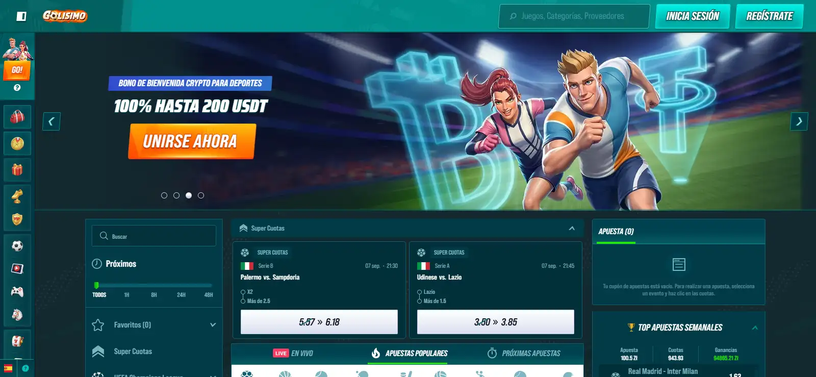 Página oficial de Golisimo en español con navegación de casino y deportes